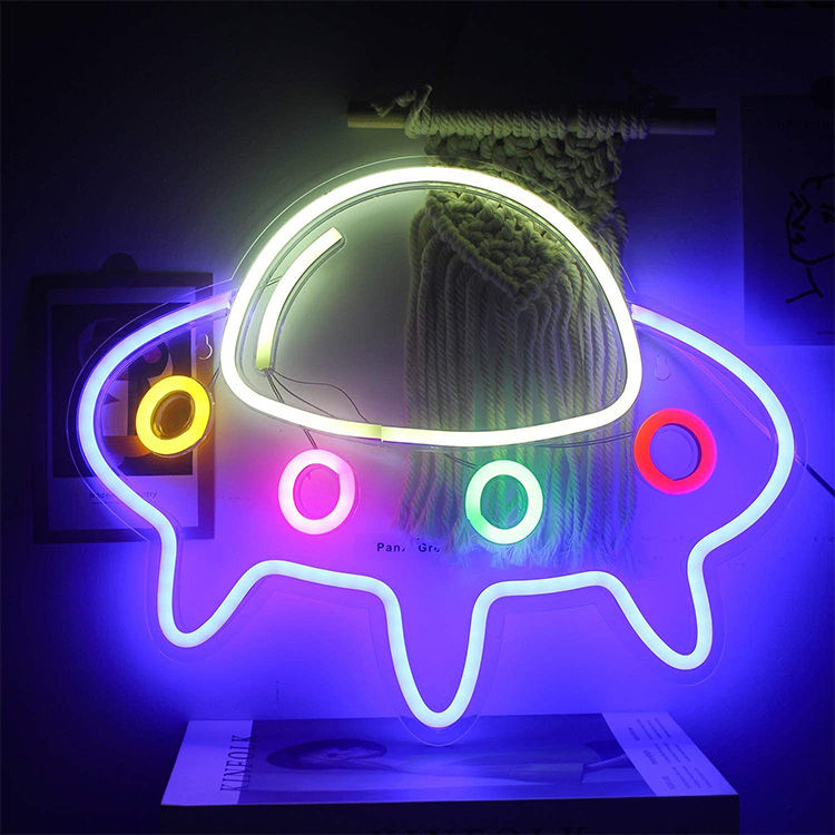 Spaceship Neon Signs LED Neon Lights UFO Neon Light Sign Acrylic Night Light Blue Green Neon Sign Lights for Bedroom Kids Gift Bar Party Wall Art Decoration