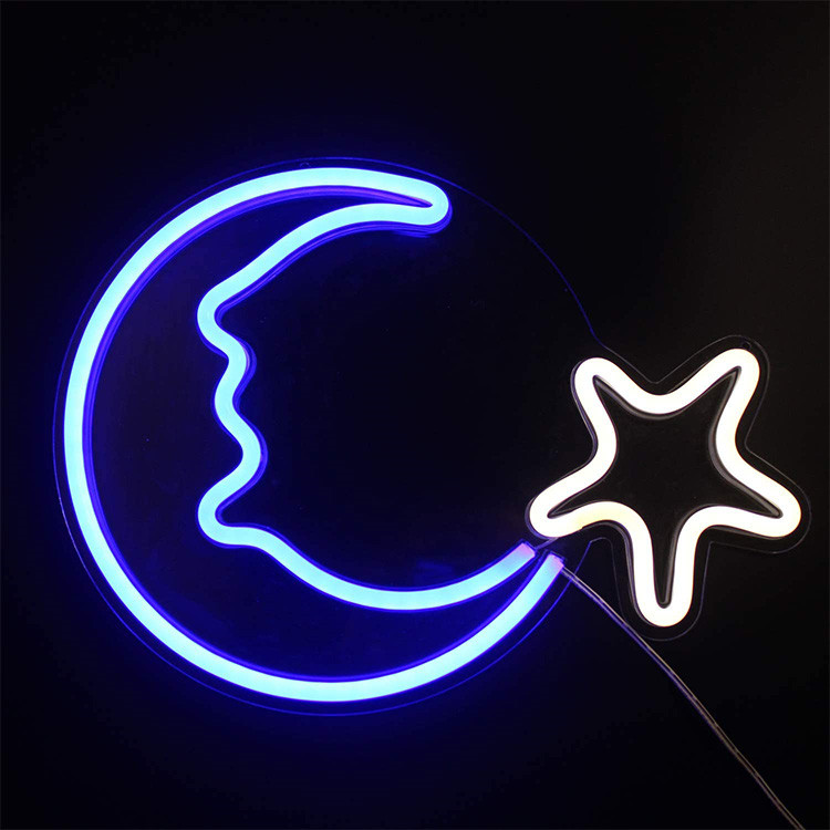 მთვარის ვარსკვლავი ნეონის კედლის დეკორი ფერადი ნიშნები ხელოვნების განათებები მორგებული LED აკრილის ნეონის ნიშნების განათება ბავშვის ოთახისთვის