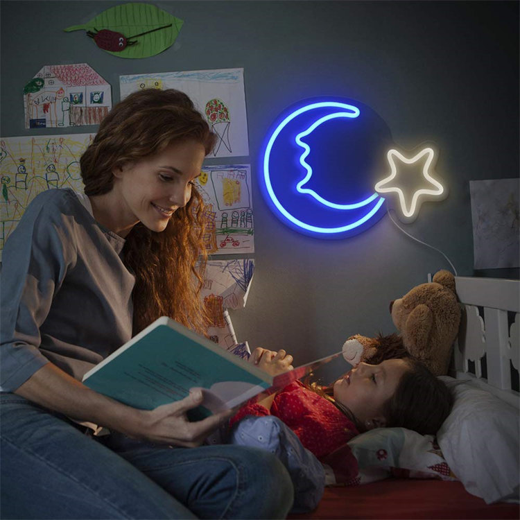 Mėnulio žvaigždė Neoninių sienų dekoras Spalvingi ženklai Meno žibintai Individualizuotos LED akrilinės neoninės iškabos kūdikių kambariui